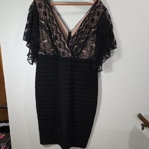 Adrianna Papell Black and Cream Lace Midi Dres